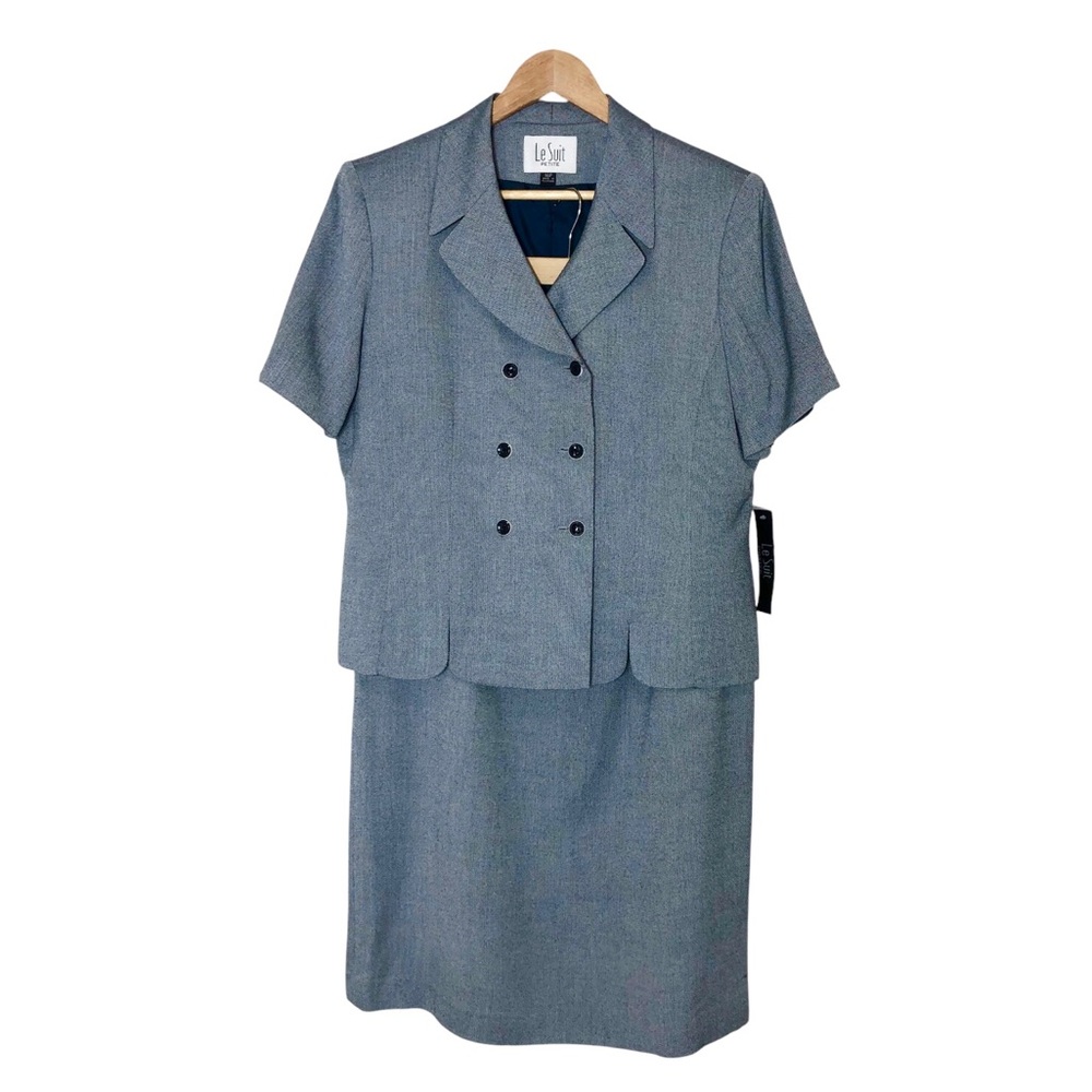 Le Suit 2PC Polyester Navy White Skirt Suit Double Breasted Short Sleeve 16 P